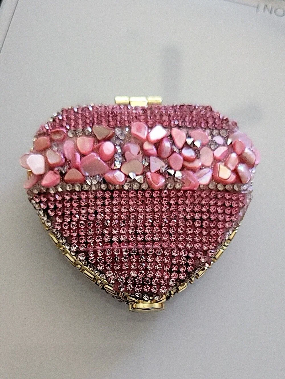 Handcrafted Pink Rhinestone Heart Compact Mirror & Beaded Pen Gift Set